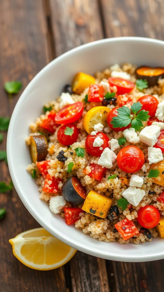 A colorful quinoa salad with roasted vegetables, topped with parsley and feta cheese.
